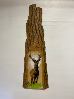 Solid Stag on barky 'log art' Ash wood - 66 x 23cm - Limited edition signed artwork