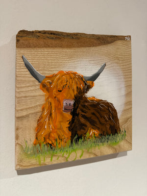 Highland Cow - on Ash wood with barky top edge - Signed Limited Edition Artwork - size 22 x 23 cm