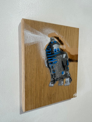 R2 Spray Can artwork on English Oak - Very popular piece - size 15 x 20cm