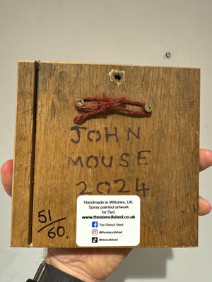 John Mouse Stencil Art on upcycled wood. New from 2024 artwork size 13 x 16cm