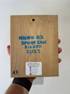 R2 Spray Can artwork on English Oak - Very popular piece - size 15 x 20cm