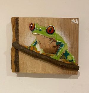 Tree Frog Brand New Artwork fro 2025 on Ash - Number 4 - 14 x 12cm with barky edge