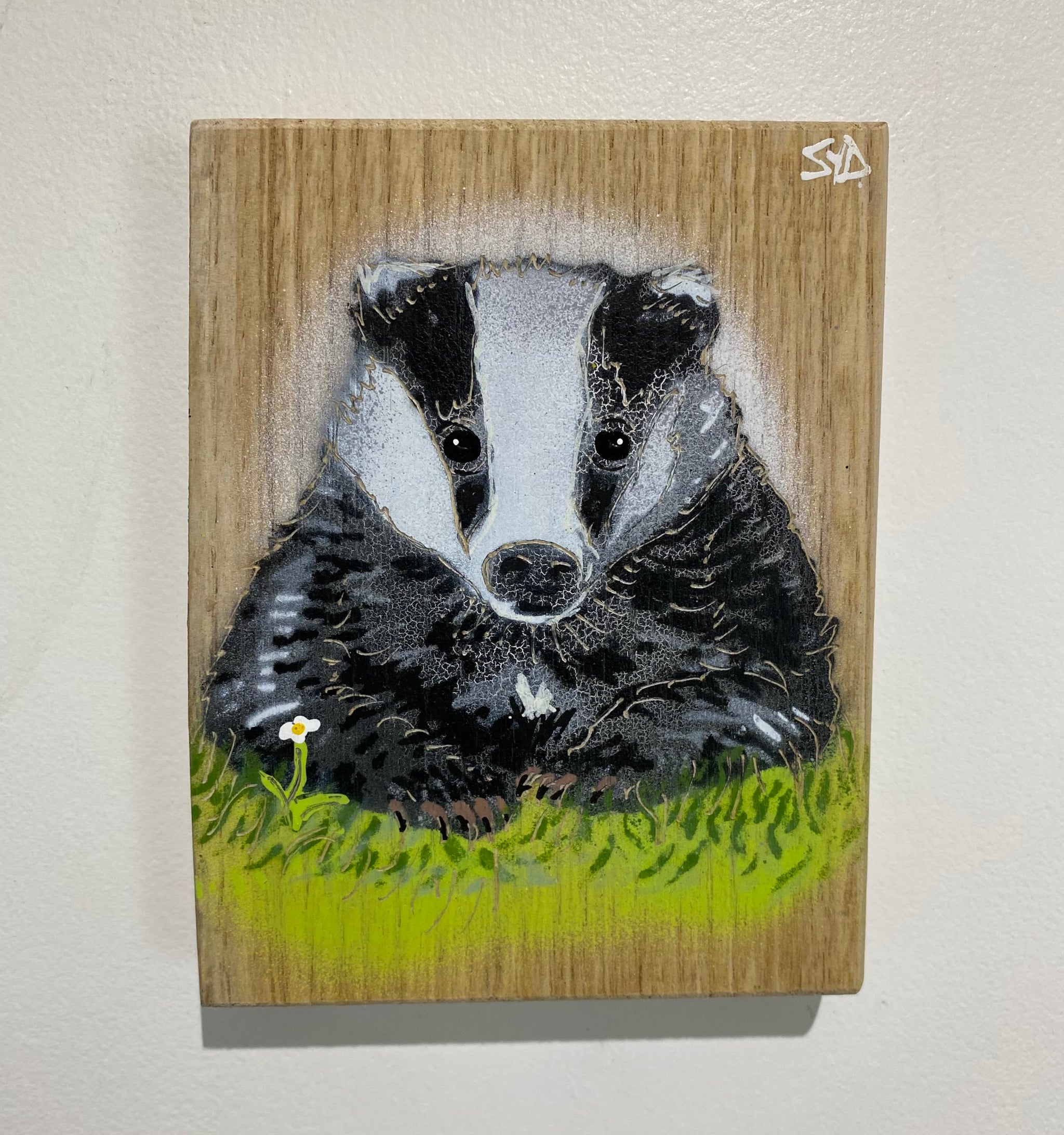 Mr Badger Limited Edition Artwork - Number 45 on Oak wood from the UK - 13 x 17cm