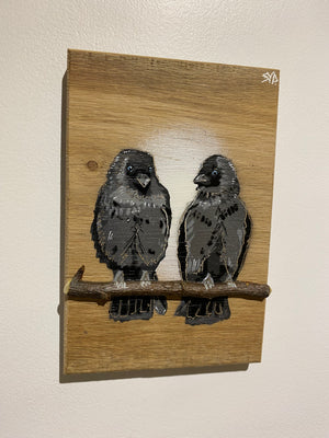 Local Lovebirds (Jackdaws) new for 2025 on Oak wood - Number 1 in edition - 14 x 21cm