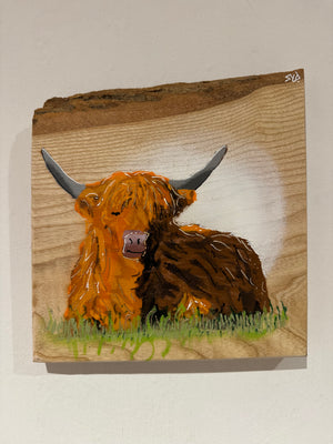 Highland Cow - on Ash wood with barky top edge - Signed Limited Edition Artwork - size 22 x 23 cm