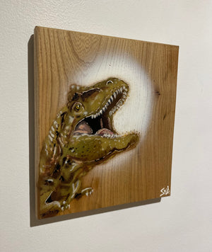 'Jurassic Party' Artwork on Elm wood - Number 15 - 18 x 20cm