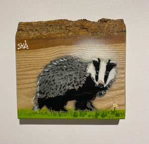 Badger 'Care Bear' - New for 2024 on Elm wood from the UK - 14 x 10cm