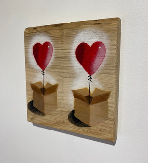 Twin 'Heart Balloon in a Box' - Handmade Stencil artwork on Oak - 16 x 17cm