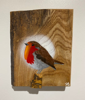 Robin 2025 on rare Elm with beautiful red grain and 3D stump - 13 x 17cm - New for Mother's Day