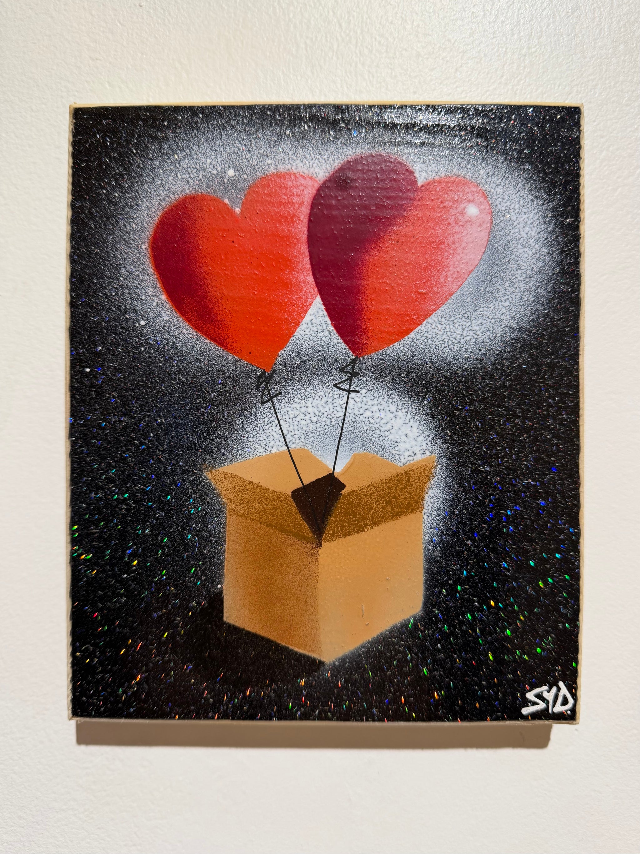 Hearts in a Box Personalised - New for Valentines 2026 - Handmade Stencil artwork on Black Sparkle Wood - 17 x 17cm