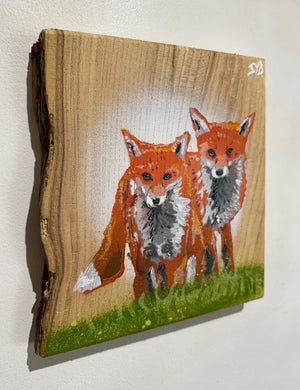 Foxes 2024 Valentines Art Work - No. 4 on light Elm wood - 18 x 20cm