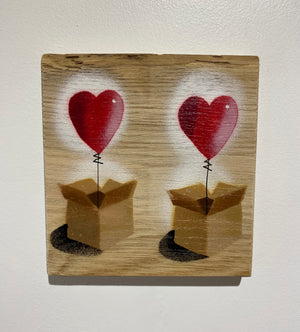 Twin 'Heart Balloon in a Box' - Handmade Stencil artwork on Oak - 16 x 17cm