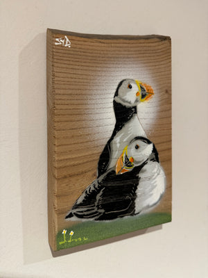 Pufflings For Life - Puffin artwork on Elm wood Signed Limited Edition - size 14 x 23cm