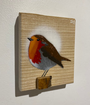 Robin 2025 on English Ash with beautiful grain and 3D perch - 11 x 13cm - New for Mother's Day