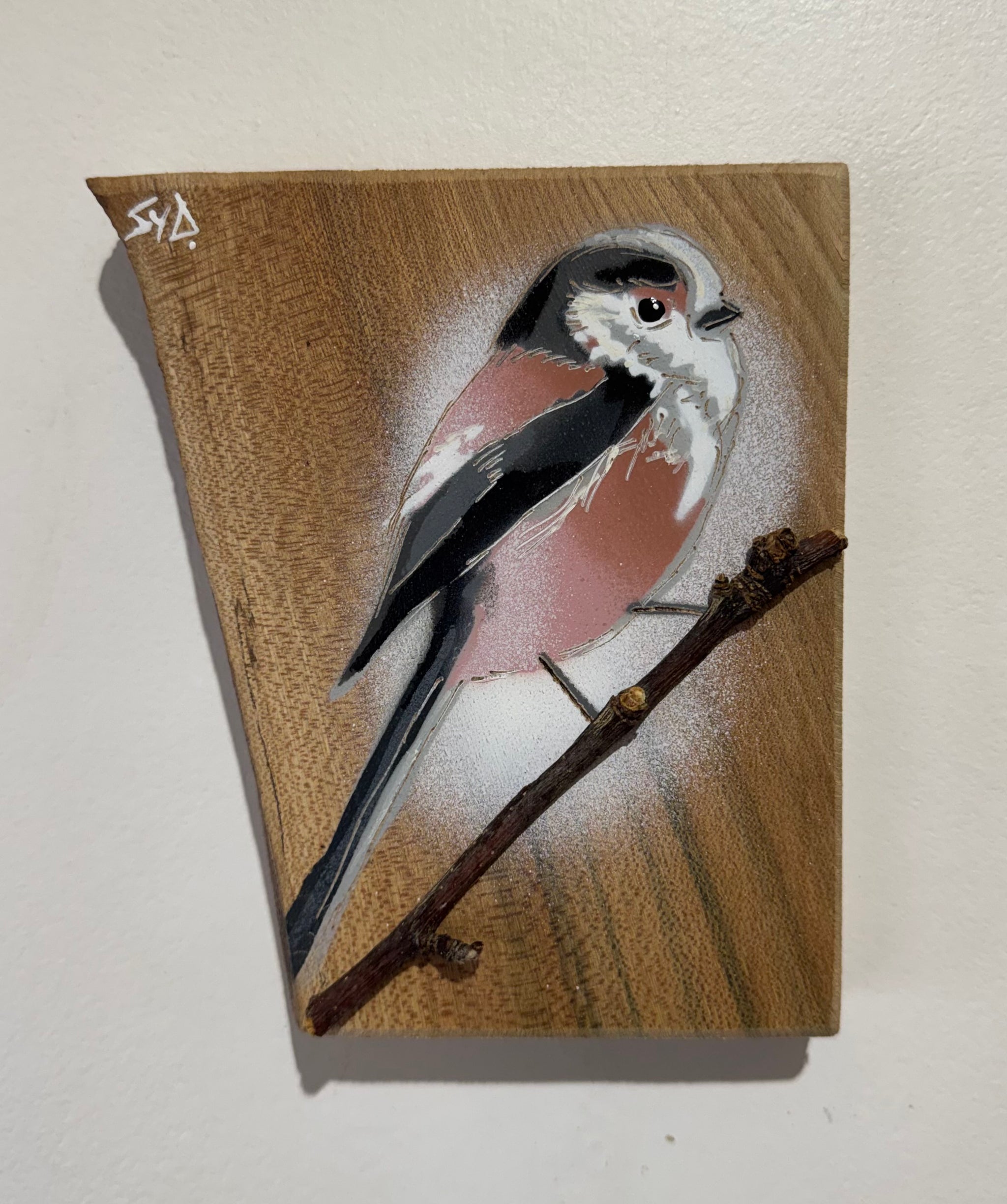 Long Tailed Tit 2026 on Elm Wood - 12 x 15cm - Handmade Stencil Art with 3D branch