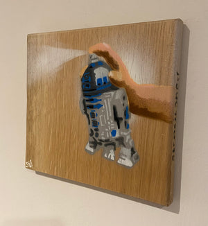 R2 Spray Can artwork on Oak - 21 x 19cm