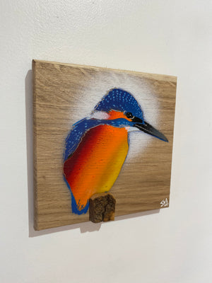 Kingfisher ‘Fisherman’ on Oak wood - Signed Limited Edition artwork size 15 x 16cm