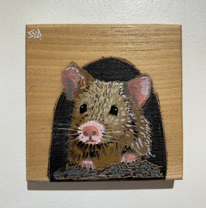 John Mouse Stencil Art on upcycled elm. New for 2024, 12 x 15cm