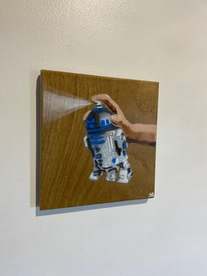 R2 Spray Can artwork on English Oak - Very popular piece - size 18 x 19cm