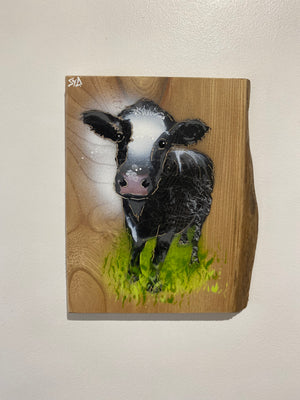 Worthies Cow created in 2022 - Signed limited edition spray painted art on Elm wood size 16 x 25cm - Number 60