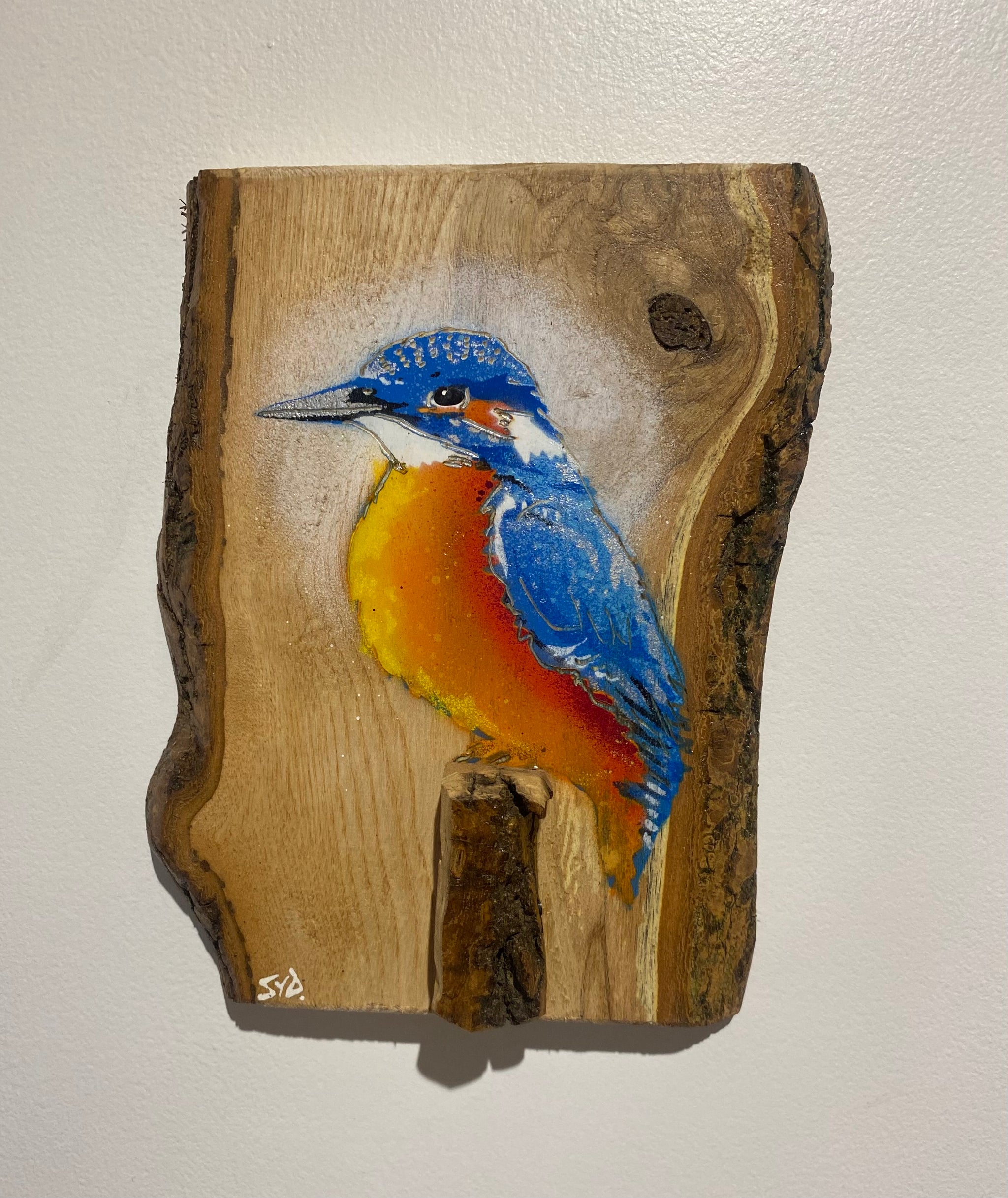 Kingfisher ‘Gone Fishing’ 2025 on Oak wood - Number 45 of Signed Limited Edition artwork size 16 x 21cm