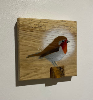 Robin 2024 on English Oak - 13 x 14cm - Handmade spray painted artwork