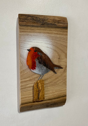 Robin 2025 on rare Elm with beautiful red grain and 3D stump - 13 x 25cm
