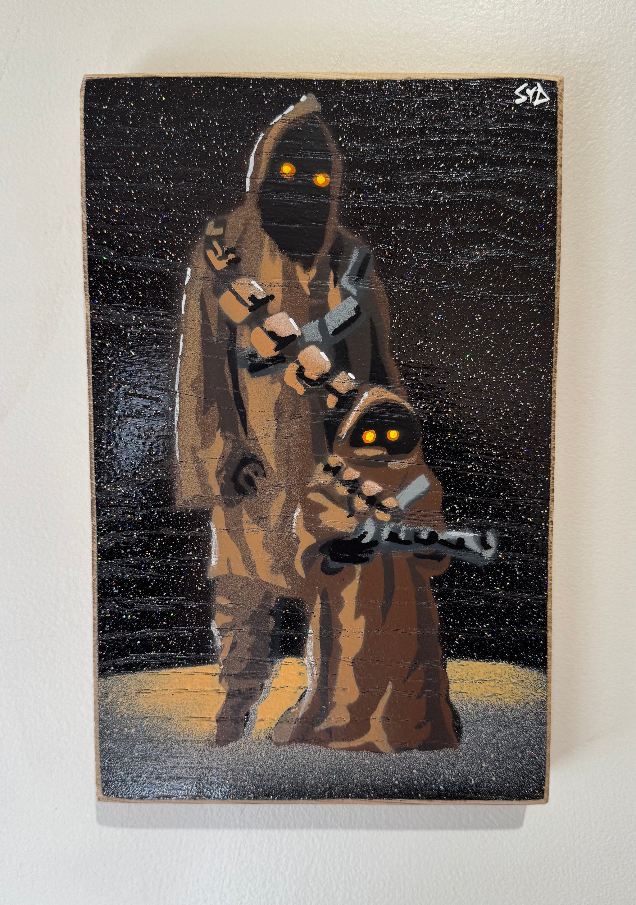 ‘A little Tall for a Jawa’ on sparkly gloss wood - Signed Limited Edition artwork -  size 16 x 25cm