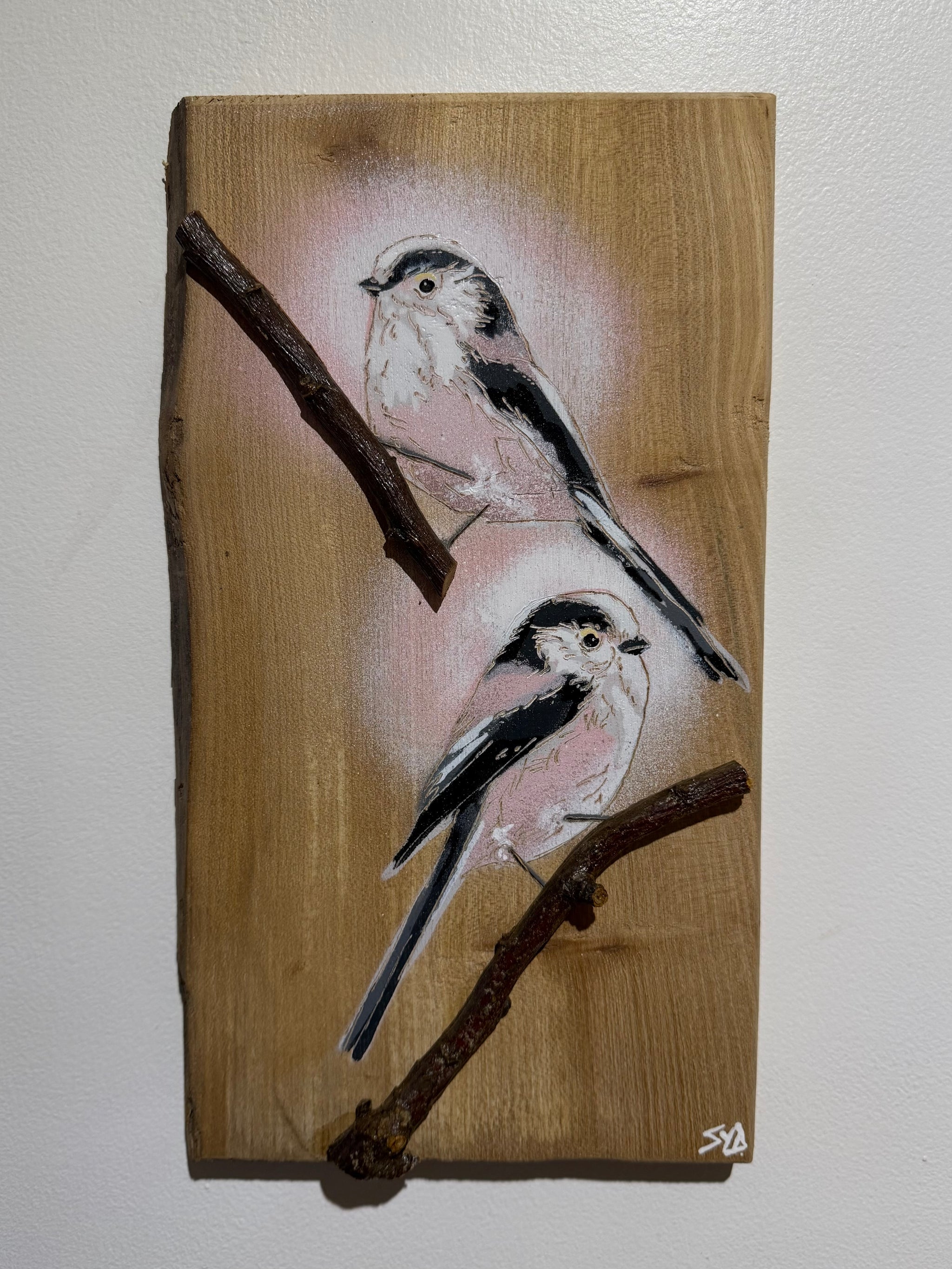 Long Tailed Tits 2026 - Number 5 - Elm Wood - 28 x 18cm - Handmade Stencil Art