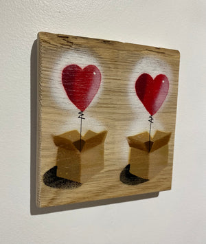 Twin 'Heart Balloon in a Box' - Handmade Stencil artwork on Oak - 16 x 17cm