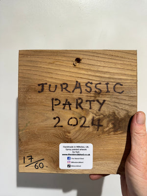 'Jurassic Party' Artwork on Elm wood - Number 17 - 19 x 18cm