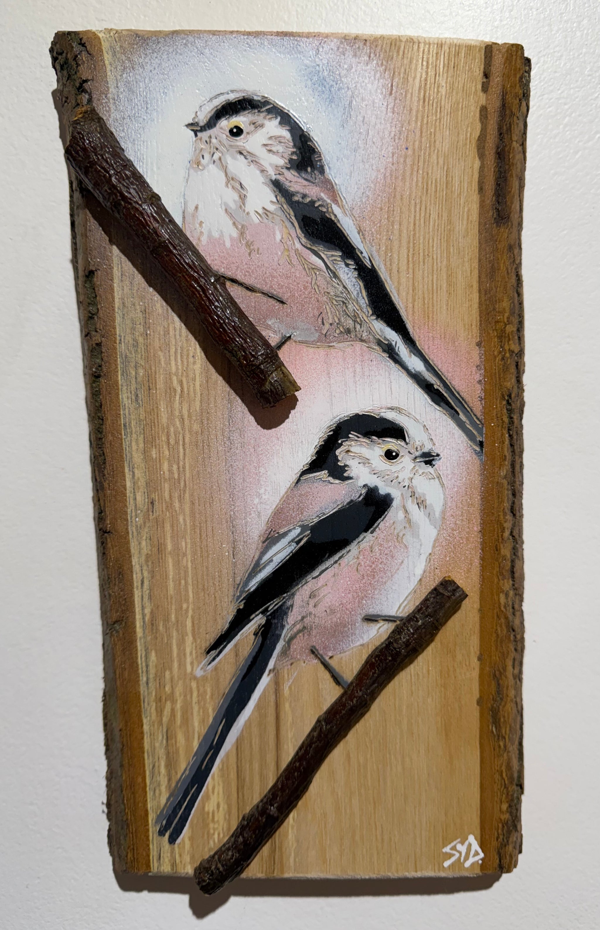 Long Tailed Tits 2026 - Number 1 - Ash Wood - 28 x 18 cm - Handmade Stencil Art