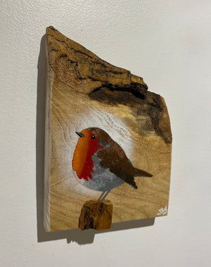 Robin 2025 on English Ash with beautiful bark top edge and 3D stump - 13 x 18cm - New for Mother's Day