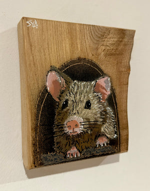 John Mouse ‘Number 2’ Stencil Art on Elm wood. New for 2024, 12 x 15cm