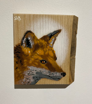 Fox 'Alert' on Ash wood - Size 14 x 15cm - Limited Edition Artwork