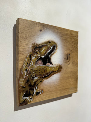 ‘Jurassic Party' Artwork on Oak wood - Number 14 - 20 x 19cm