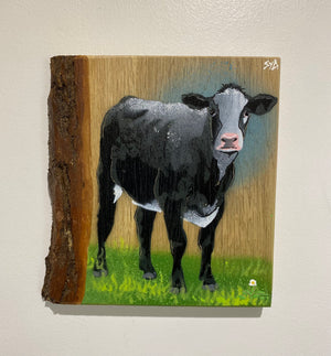 Still Worthy Cow - New for Christmas 2025 - Signed limited edition Number 2 spray painted art on Oak wood - size 18 x 20cm