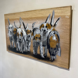 Hounds - Countryside pack of hounds - Dog Painting on Oak Wood from the UK - size 44 x 26cm