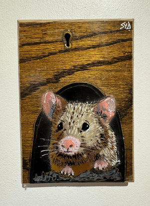 John Mouse Stencil Art on upcycled wood with key hole. New for 2024, 12 x 15cm
