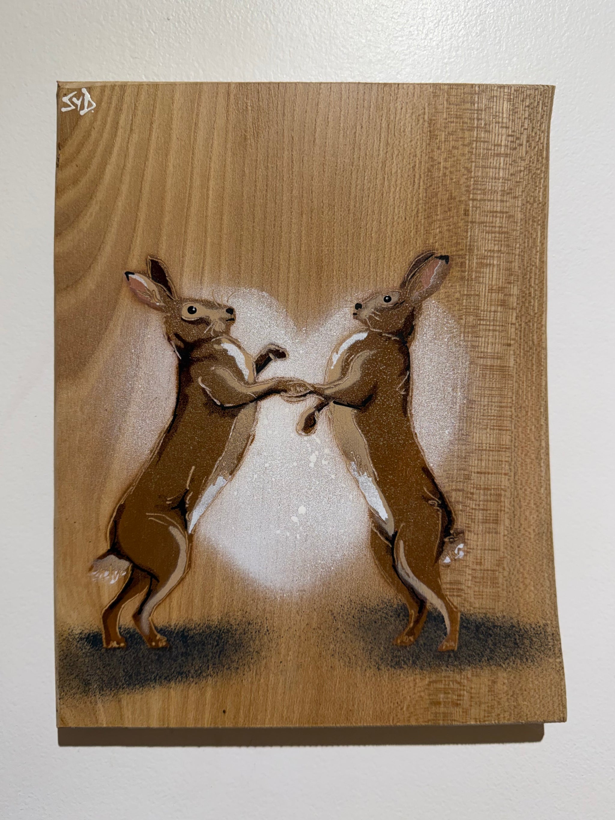 Hares Artwork on rare Elm wood with unique notch -  Number 34 - approx size 18 x 21cm