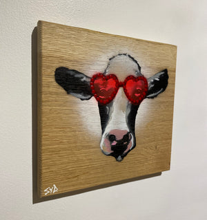 Glastonbury Cow on Oak wood with Elton John Glasses - 22 x 21cm - Only few left!!