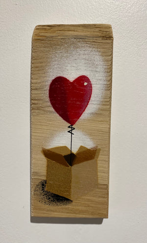 Heart Balloon in a box - Handmade Stencil artwork on Oak - 8 x 19cm