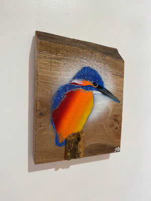 Kingfisher ‘Fisherman’ on Elm wood - Signed Limited Edition artwork size 15 x 21cm