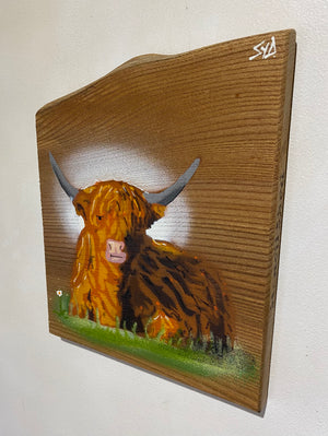 Highland Cow on Elm - Signed Limited Edition Artwork - size 21 x 24cm