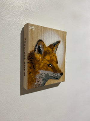 Fox 'Alert' on Ash wood - Size 14 x 15cm - Limited Edition Artwork