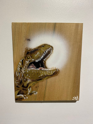 'Jurassic Party' Artwork on Elm wood - Number 26 - 18 x 21cm