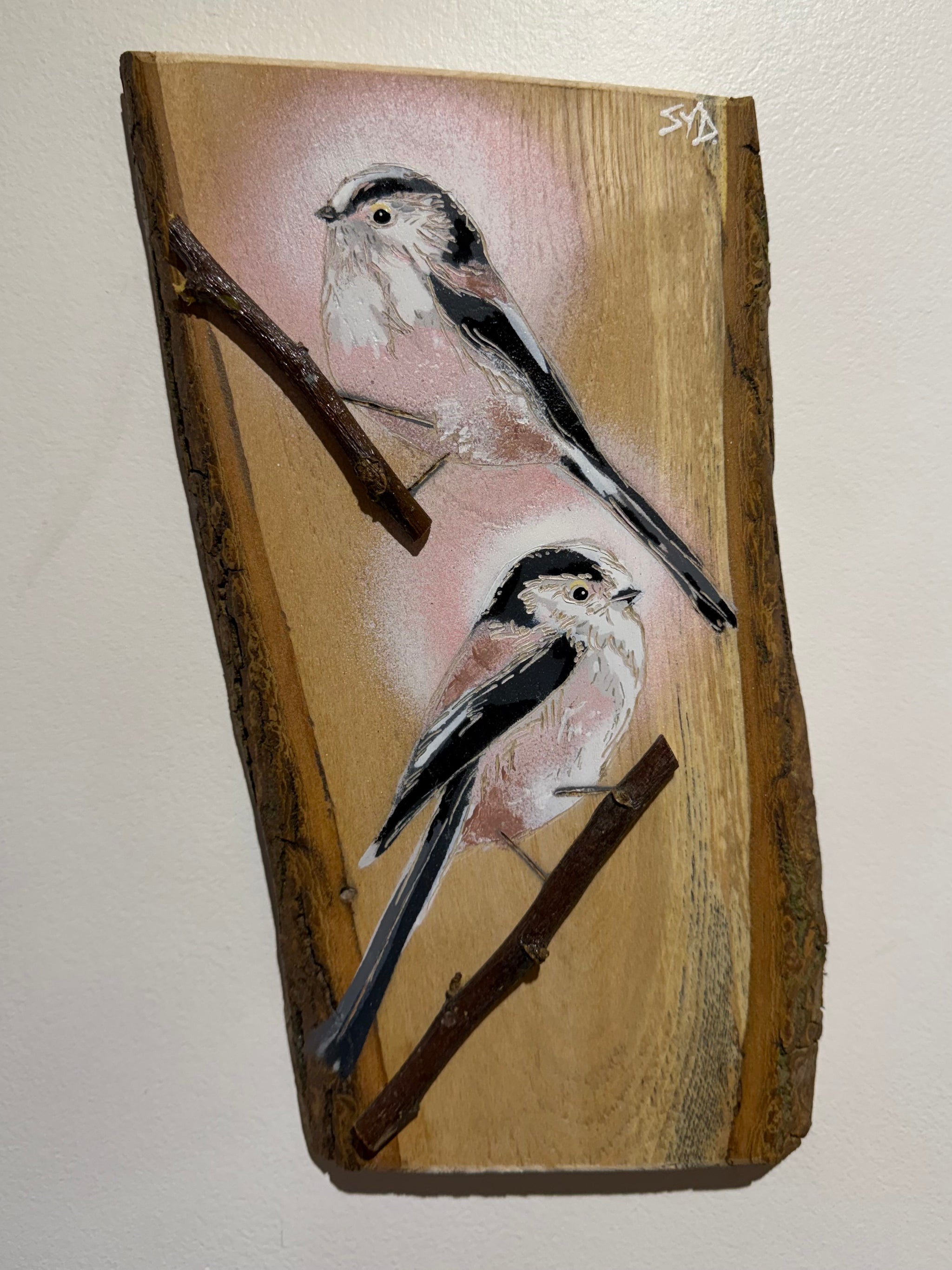 Long Tailed Tits 2026 - Number 4 - Ash Wood - 28 x 18cm - Handmade Stencil Art