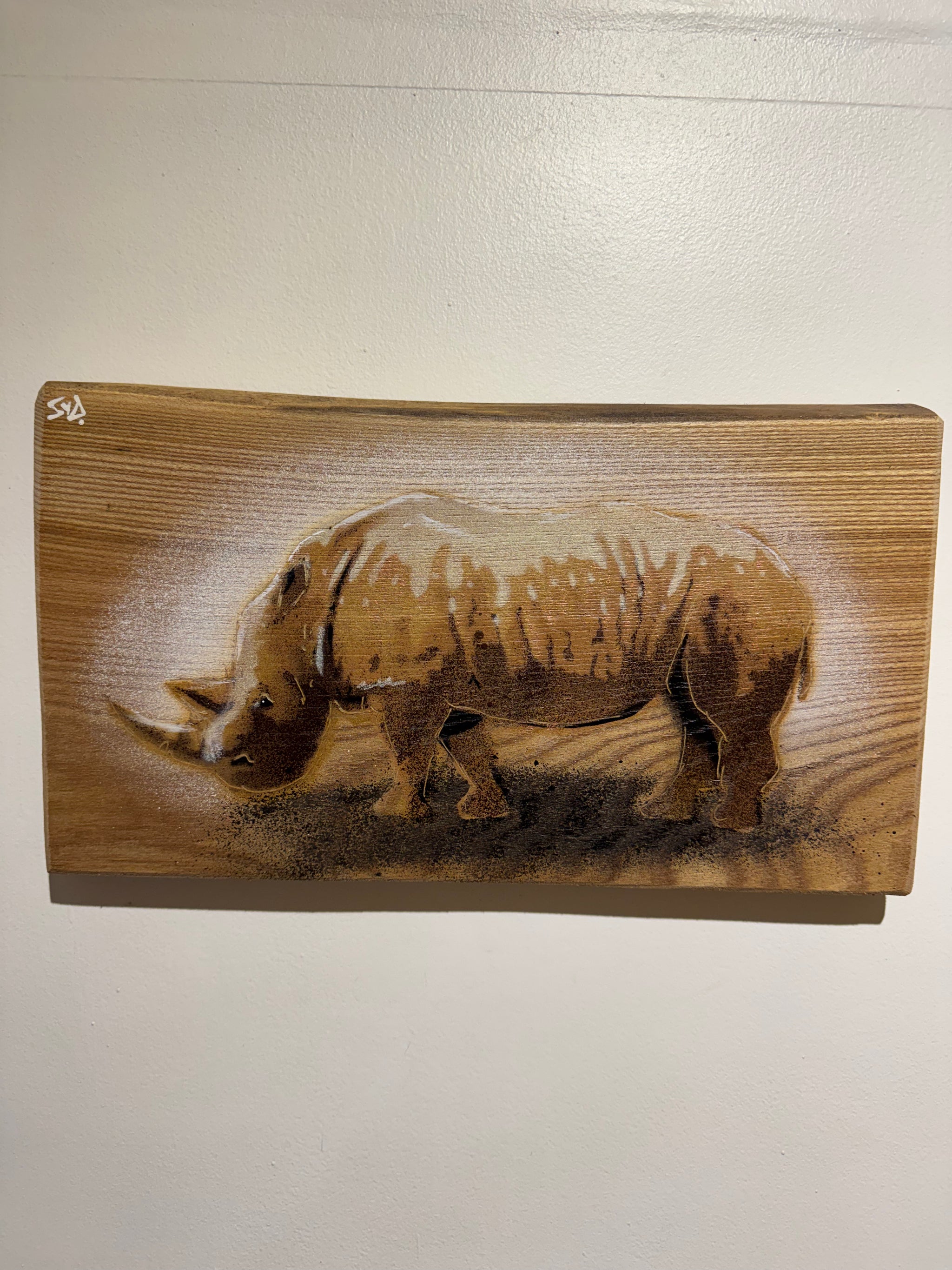 Rhino - Artwork on Elm wood - Handmade and signed limited edition artwork 36 x 20cm