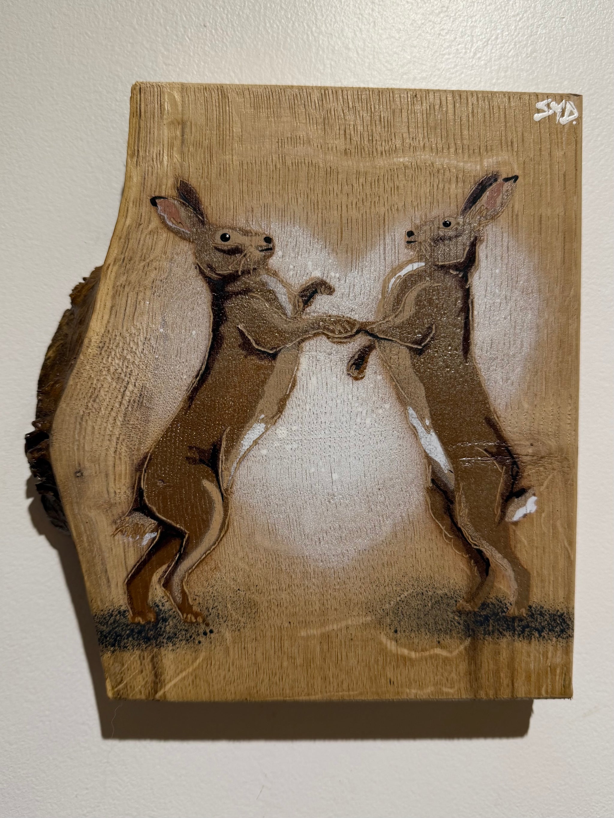 Hares on Oak - Chunky wooden artwork with unique notch - Number 32  - size approx 19 x 20cm