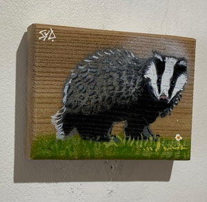 Badger 'Care Bear' - New for 2024 on Elm wood from the UK - 14 x 10cm